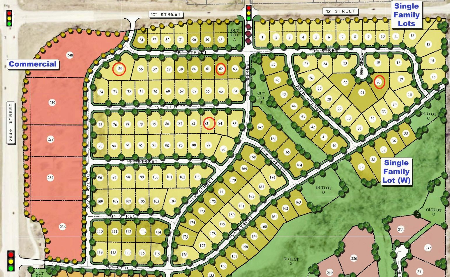 A land development plan with commercial and single-family home lots, indicated by color-coding.