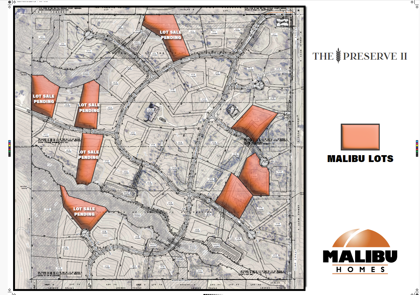 Malibu Homes site plan with orange lot markers on a grayscale map and logo at right