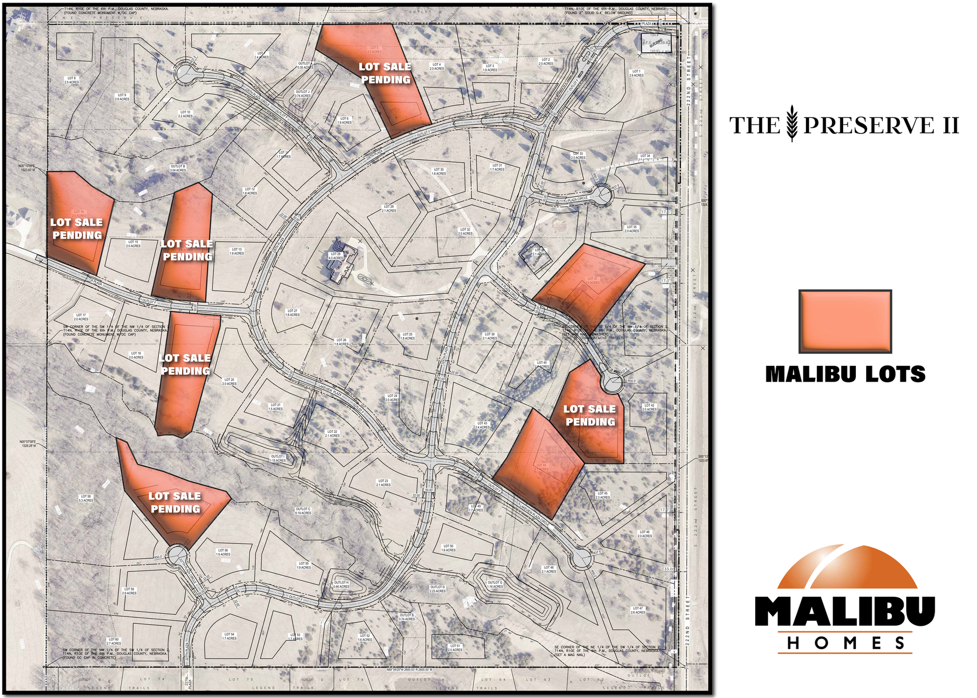 Malibu Homes site plan with orange lot markers on a grayscale map and logo at right