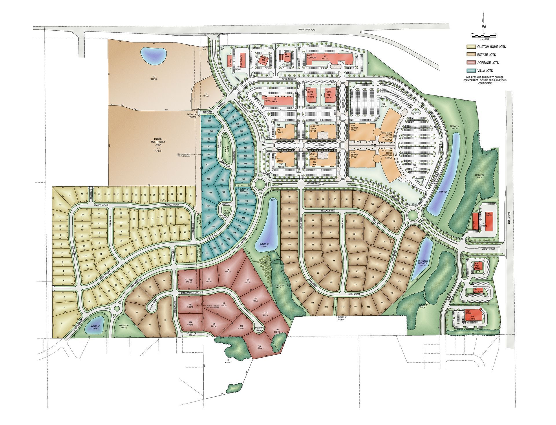 A colorful map of a planned community, showing residential, commercial, and green spaces, with roads and labels.