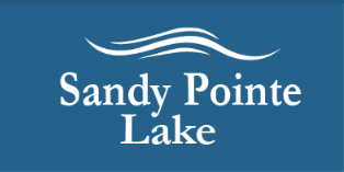 Logo for Sandy Pointe Lake: white text on a blue background. Features wavy lines above the words.
