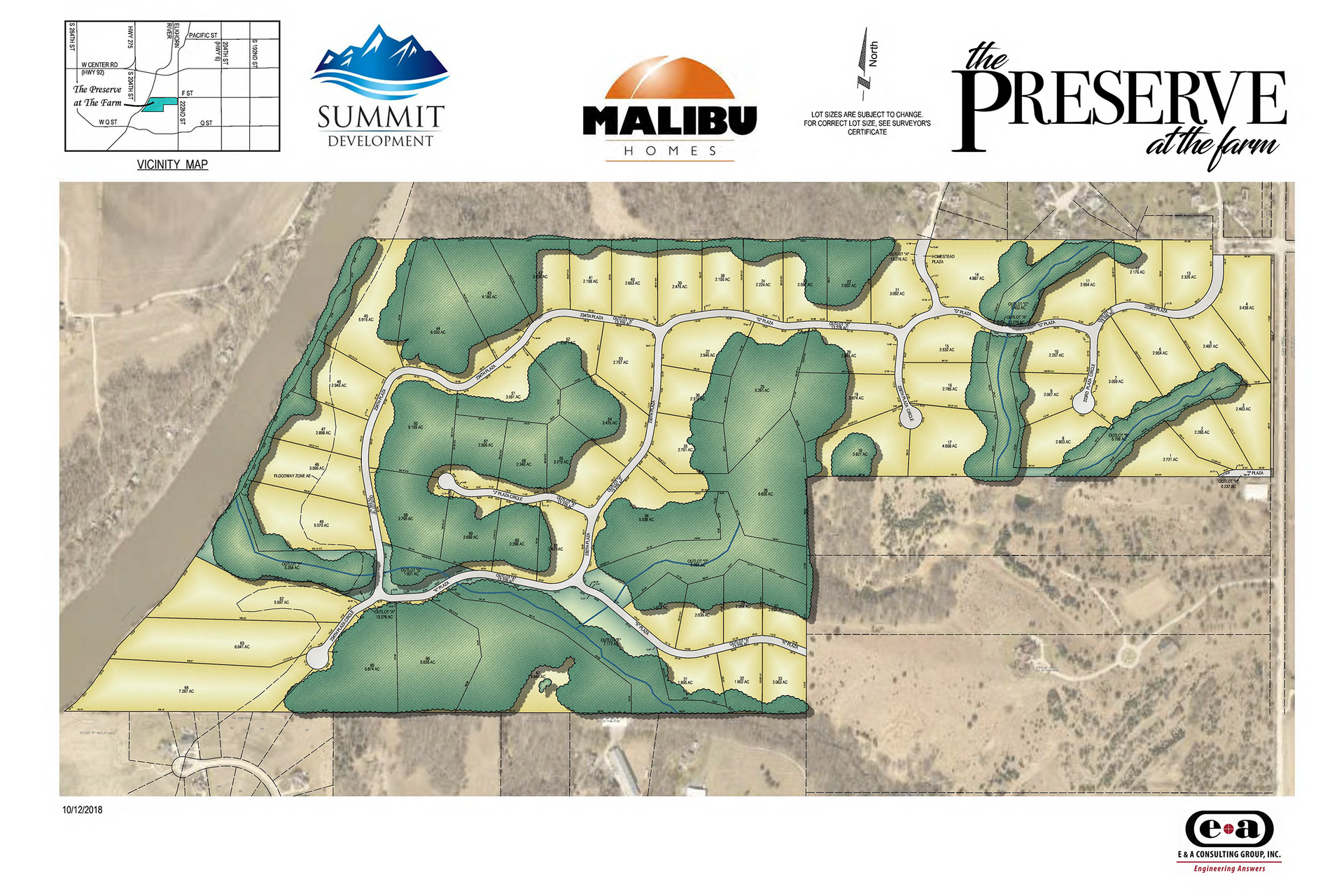 Map of a residential development with lots and preserved green spaces.
