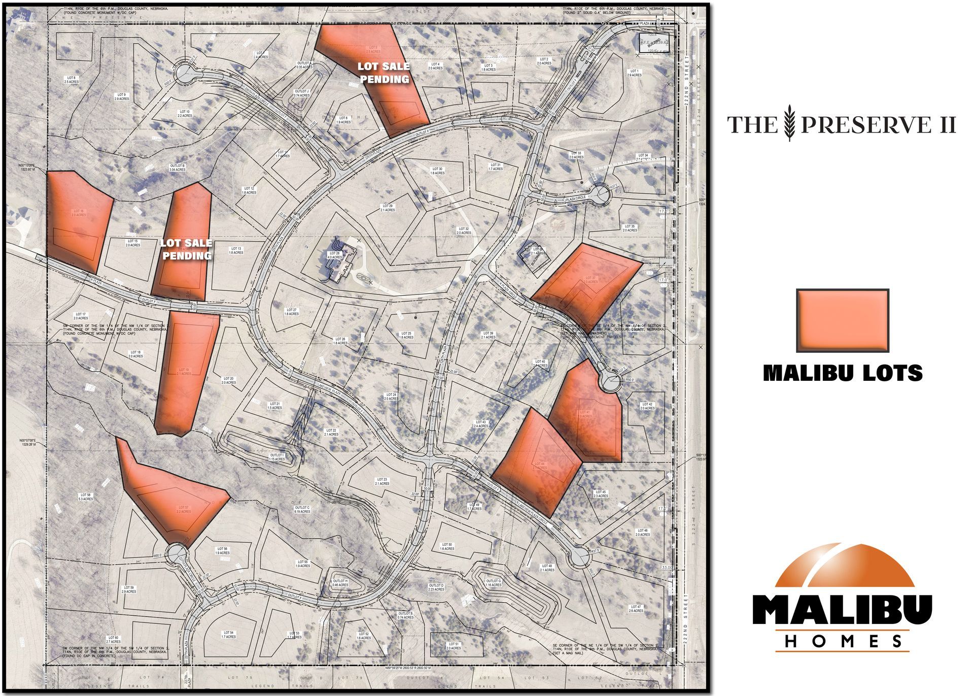 Map of The Preserve II showing residential areas highlighted in orange, labeled as Malibu Lots by Malibu Homes.