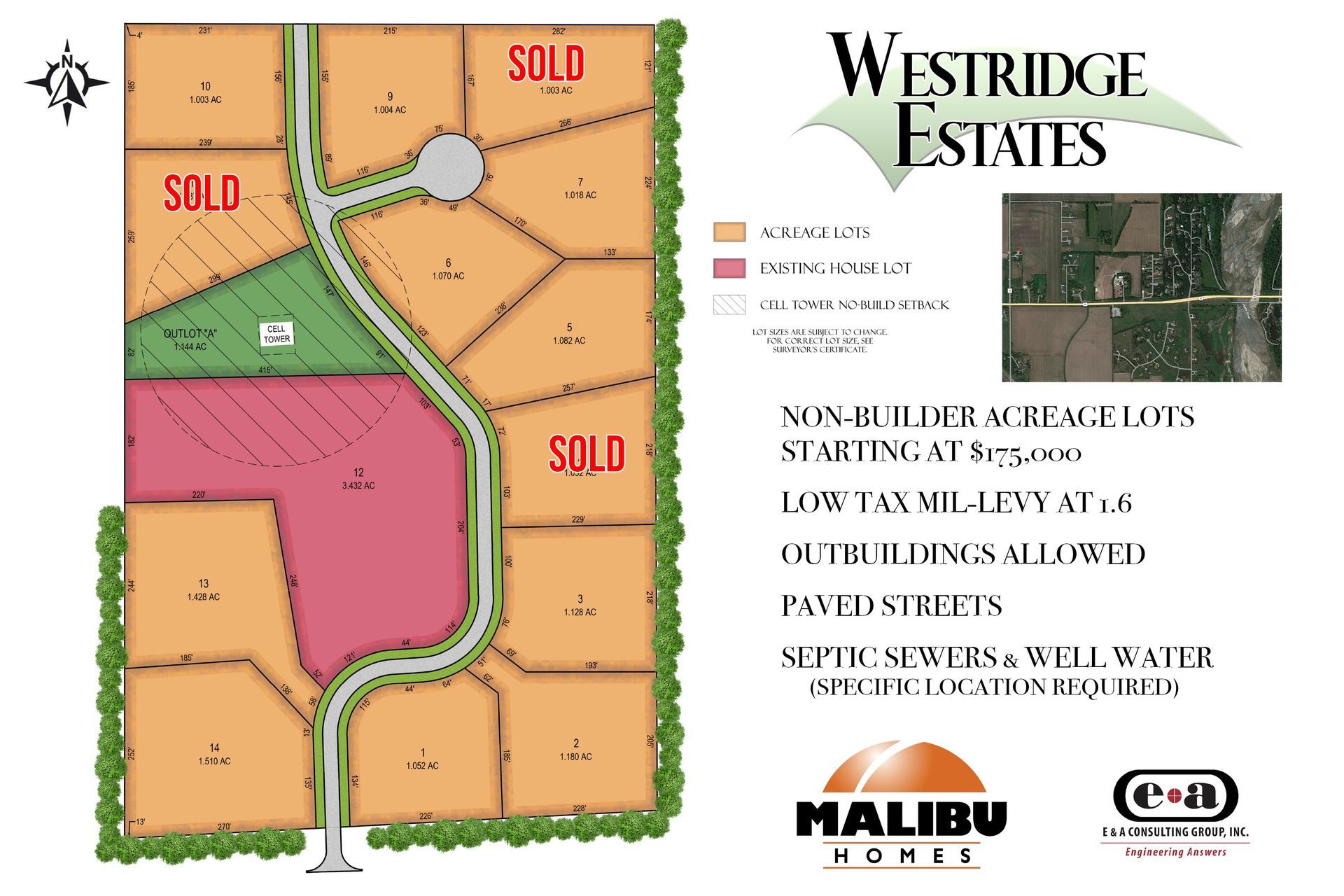 A map of Westridge Estates with available and sold lots, roads, and a surrounding area depiction.