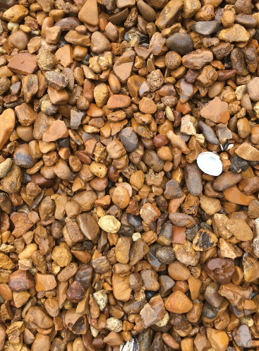 Close-up view of a pile of small, rounded, brown and tan gravel stones.