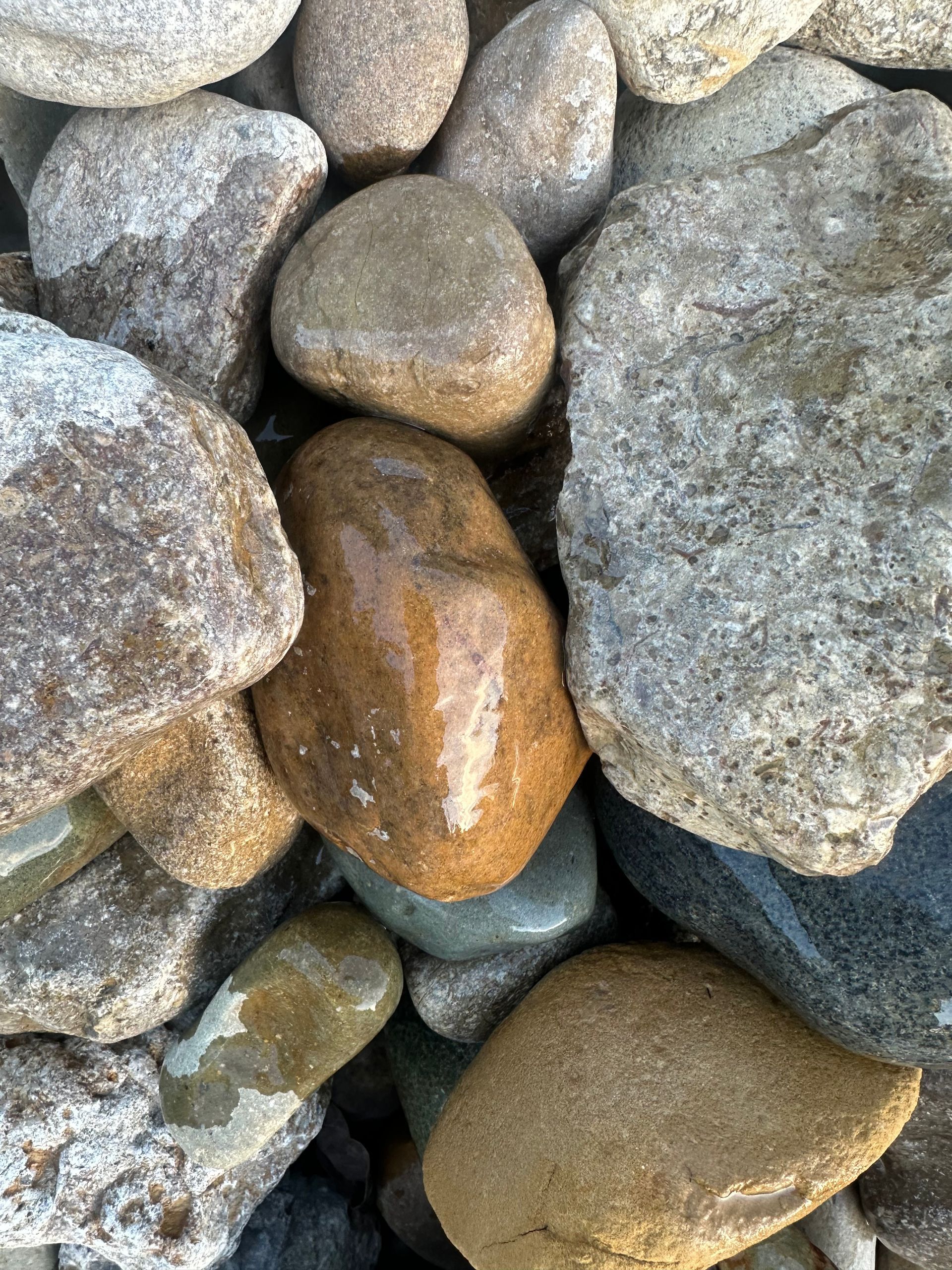 Close-up of a pile of smooth, rounded river rocks in various colors, including brown and gray.