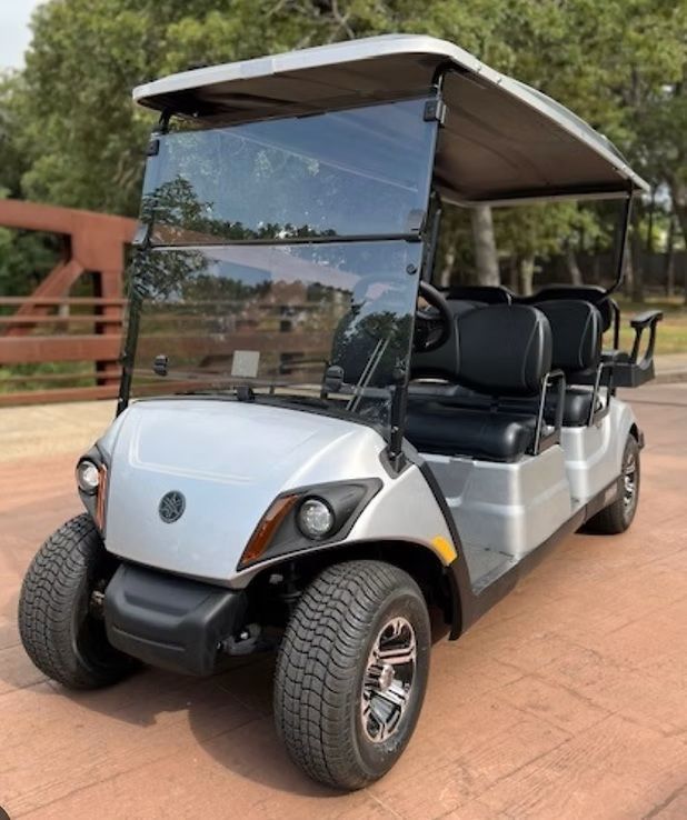 Silver golf cart parked on a path beside a wooden fence, with a tan canopy and black seats.