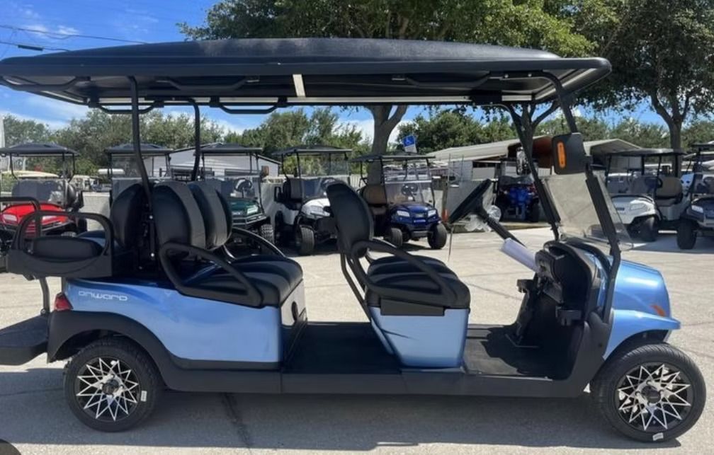 Blue six-seat golf cart parked outdoors under a canopy on a sunny day.