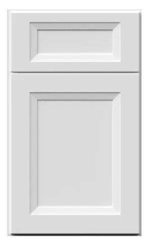 White kitchen cabinet door with recessed paneling.