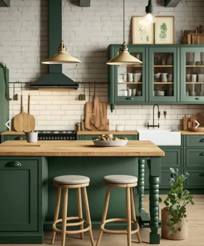 Green kitchen with wooden island, stools, and accents. White brick background.