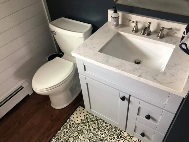Bathroom with toilet, vanity with sink, and dark wood floor.