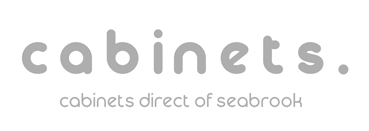 Gray text logo for "cabinets" with the tagline "cabinets direct of seabrook".