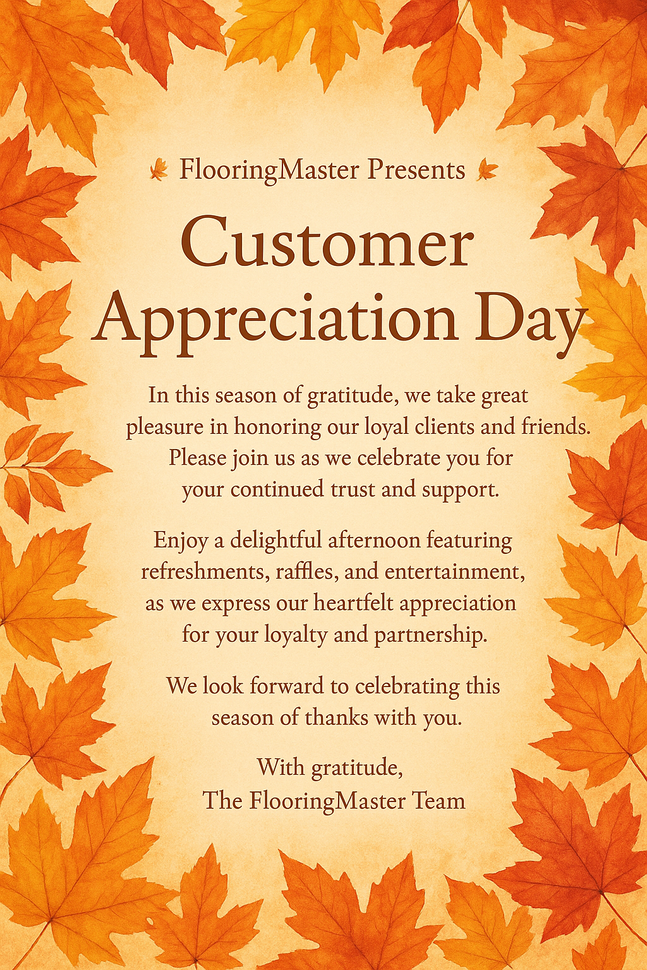 Flyer for Flooring Master Customer Appreciation Day with fall leaves, text on beige.