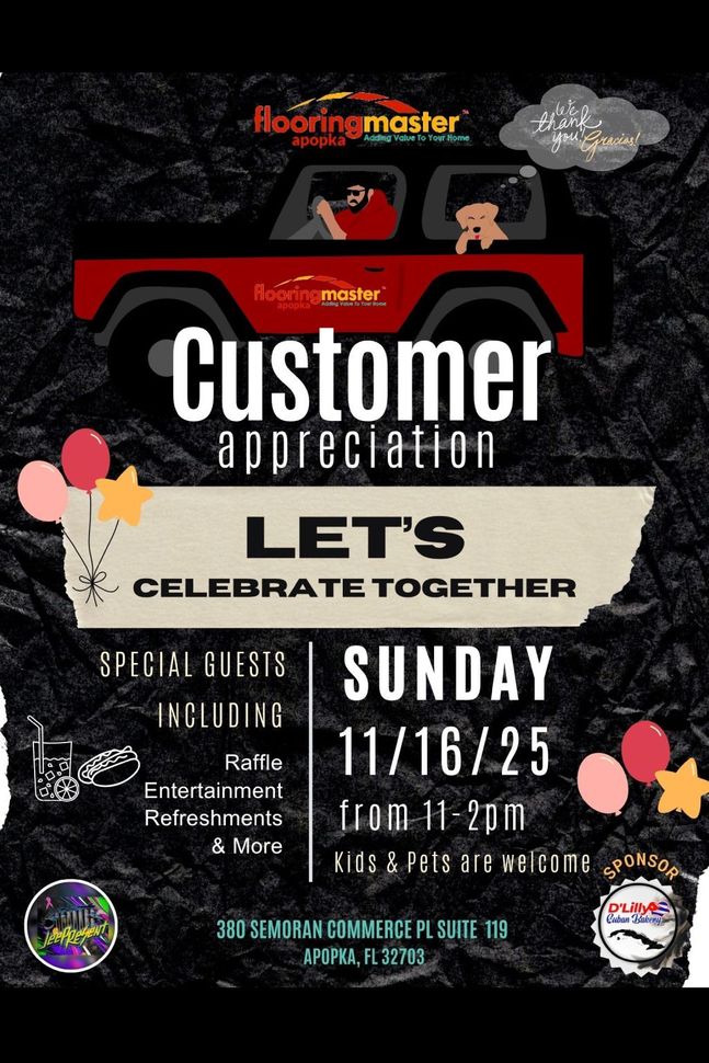 Customer appreciation event. Sunday, 11/16/25, from 11-2 pm. Featuring raffle, entertainment, and refreshments.