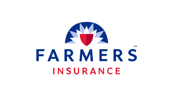 The logo for farmers insurance has a shield and a sun on it.