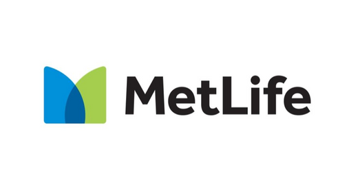A metlife logo with a blue and green m on a white background.