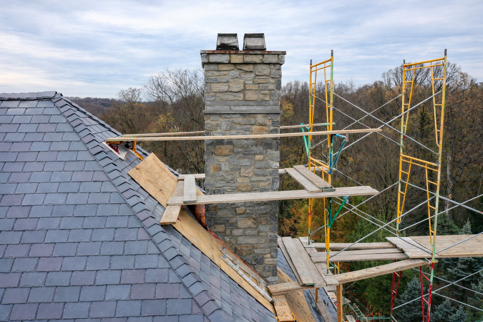Chimney being worked on, scaffolding on roof. Gray stone chimney, blue-gray roof tiles.