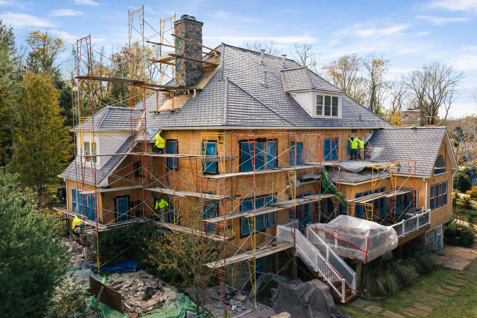 House under construction; scaffolding, workers, wood siding, gray roof, exterior.