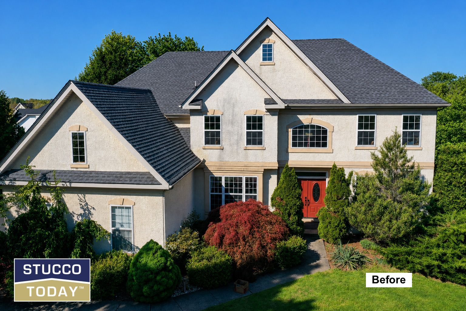 Before-and-after style house exterior with light stucco siding, dark roof, red front door, and trees.