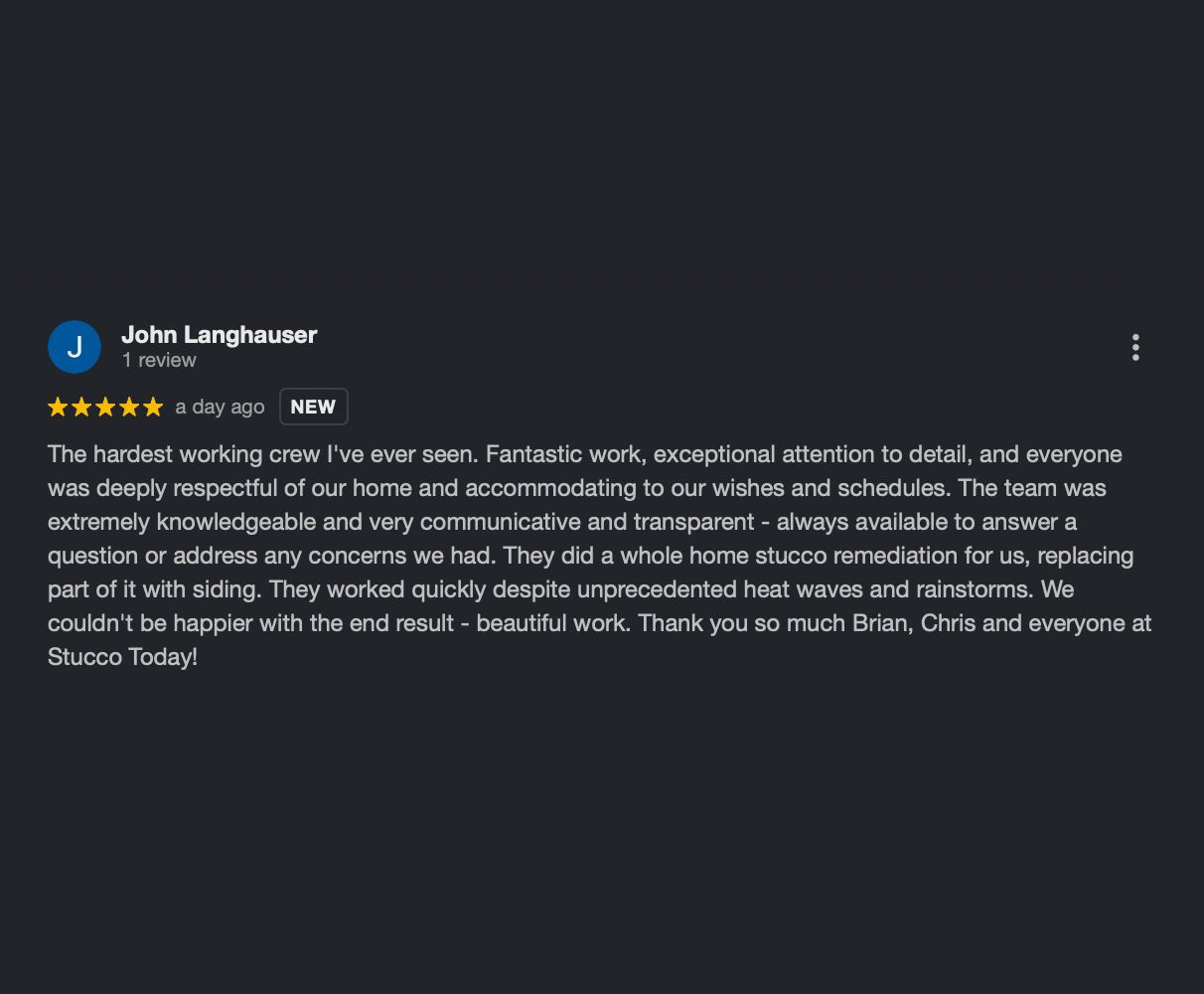Dark-themed social media review screenshot with a 5-star rating and a long positive comment.