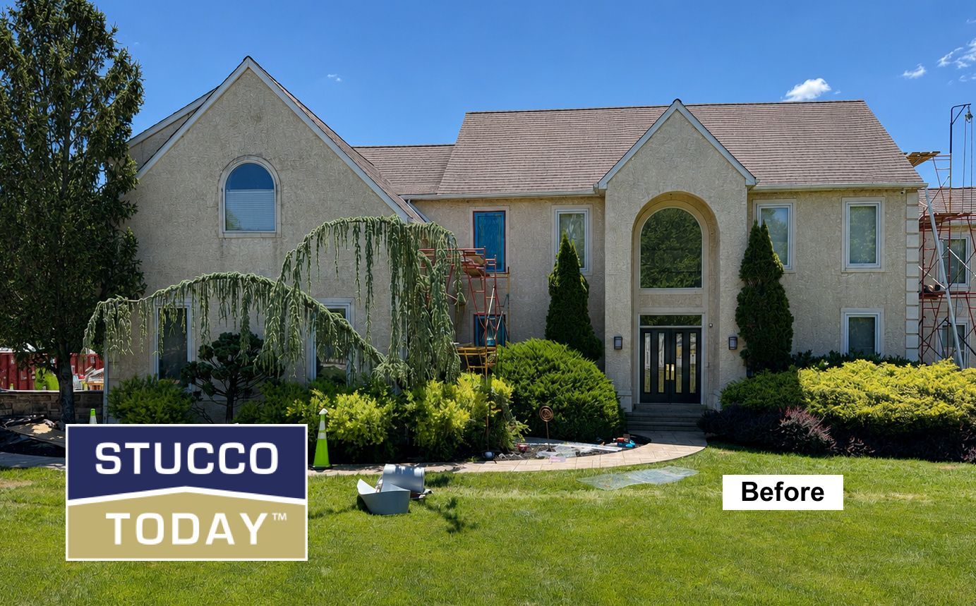 Before photo of a beige stucco house with a damaged roof and overgrown front yard, labeled “Stucco Today”