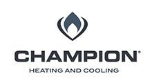 Champion Heating and Cooling logo with black text and a gray flame emblem on a white background