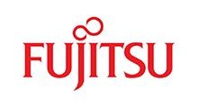 Fujitsu logo in red lettering with a stylized red infinity symbol above the name
