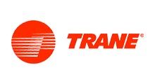 Trane logo: red circular icon with white stripes and red italic wordmark on white background