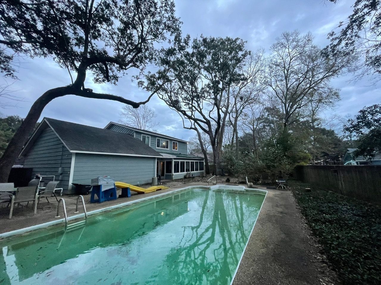 Backyard with a green-tinted pool, house, and surrounding trees under a cloudy sky.