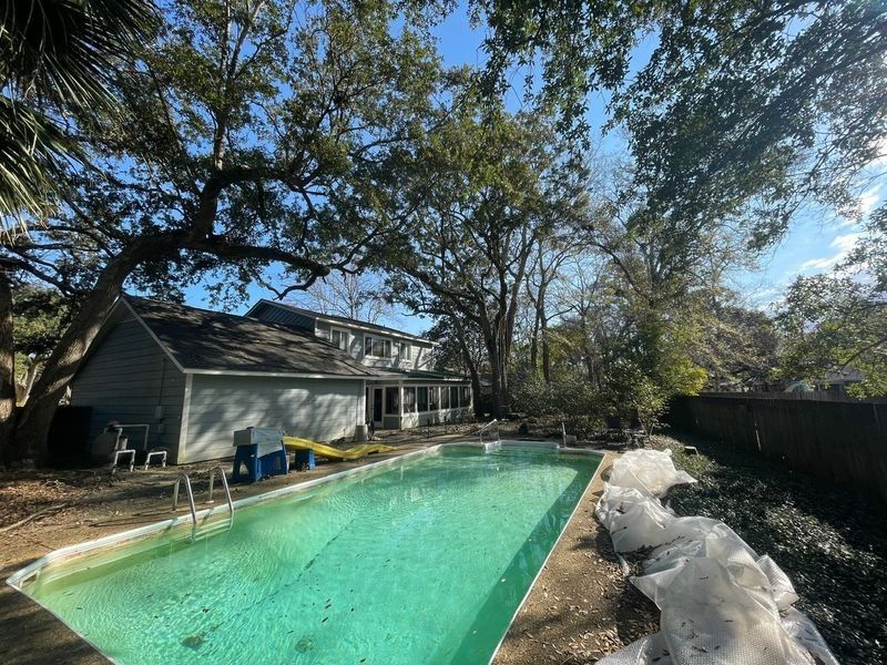 A backyard with a green pool, a two-story house, and trees. The day is sunny.