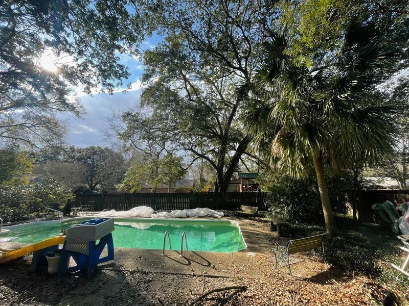 Backyard with a green pool, trees, and sunshine; a child's slide and steps sit beside the pool.