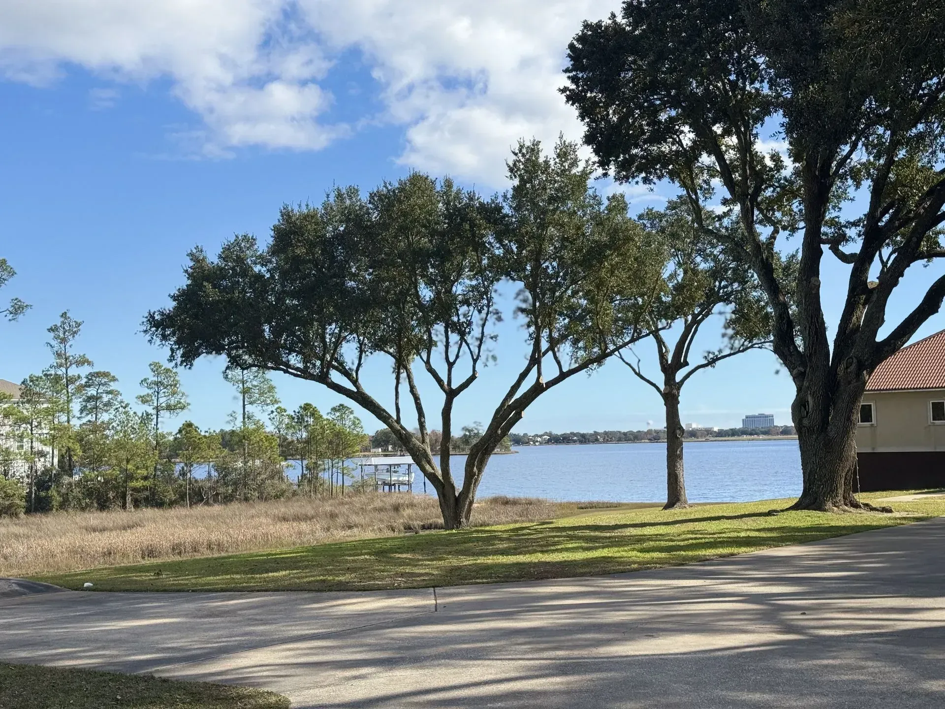 Trees frame a body of water under a blue sky, with a building on the right.