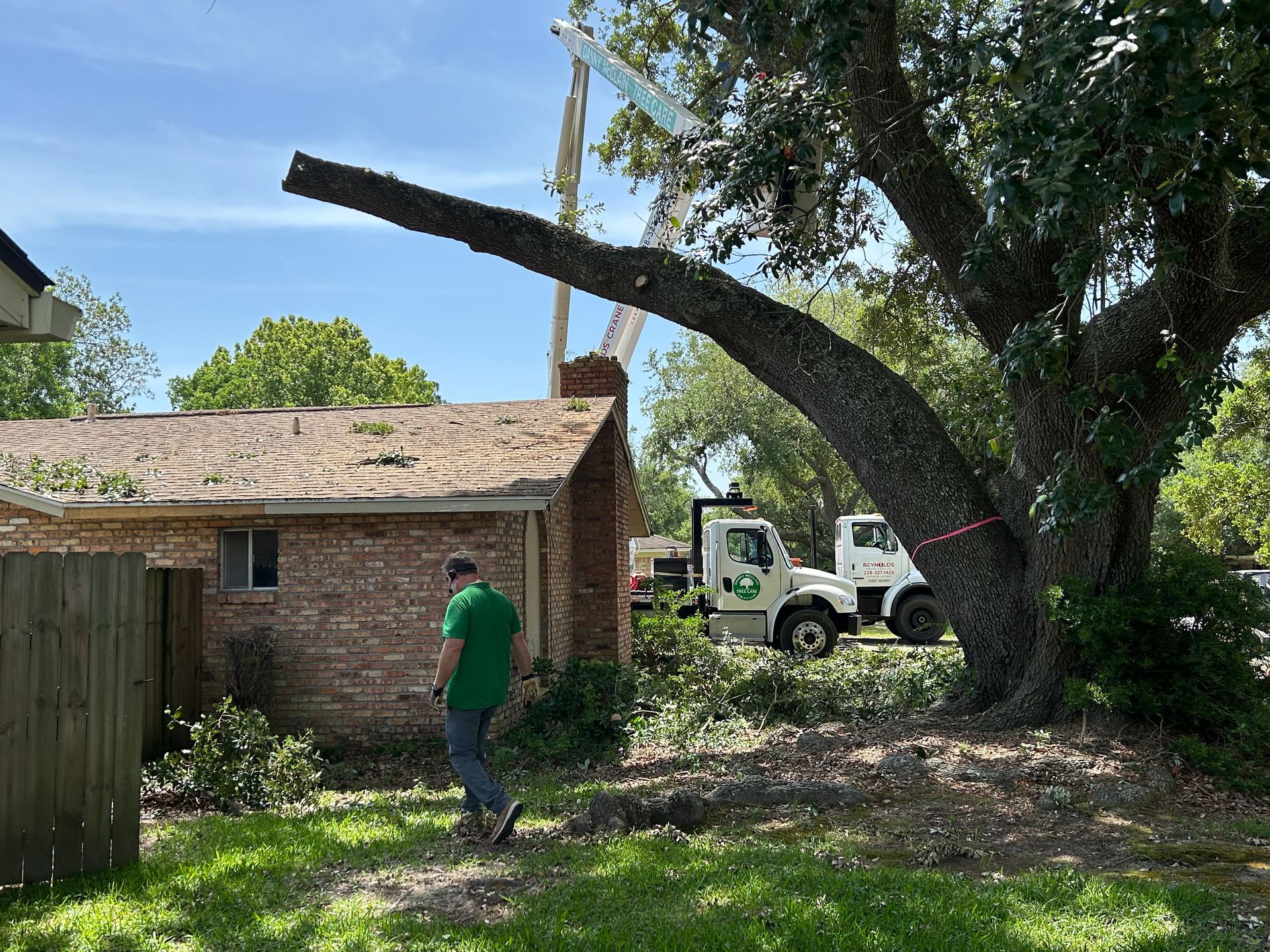 Man watches tree being trimmed near a brick house, a lift truck present.