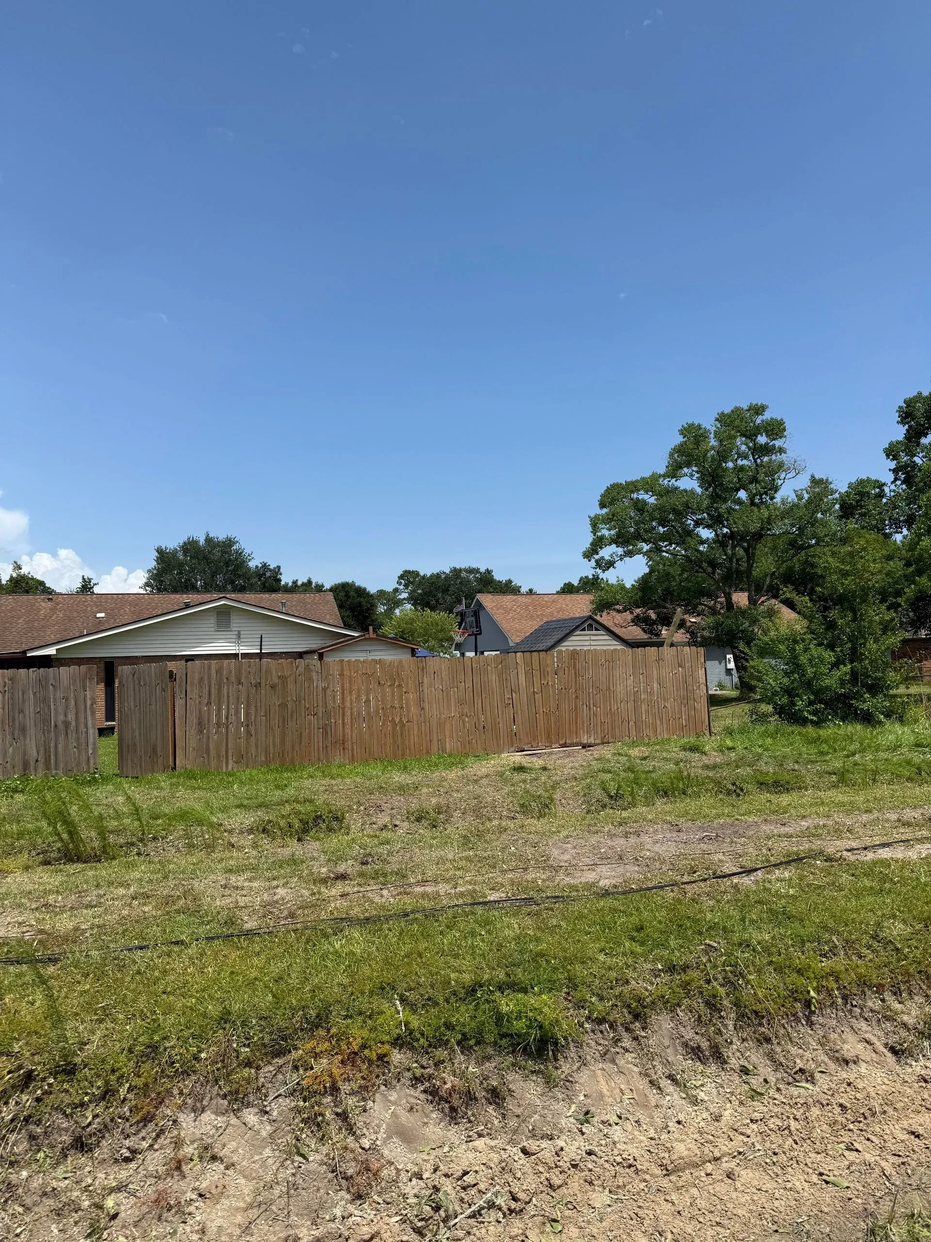 A sunny day view of a grassy lot with a wooden fence and houses in the background. Blue sky.