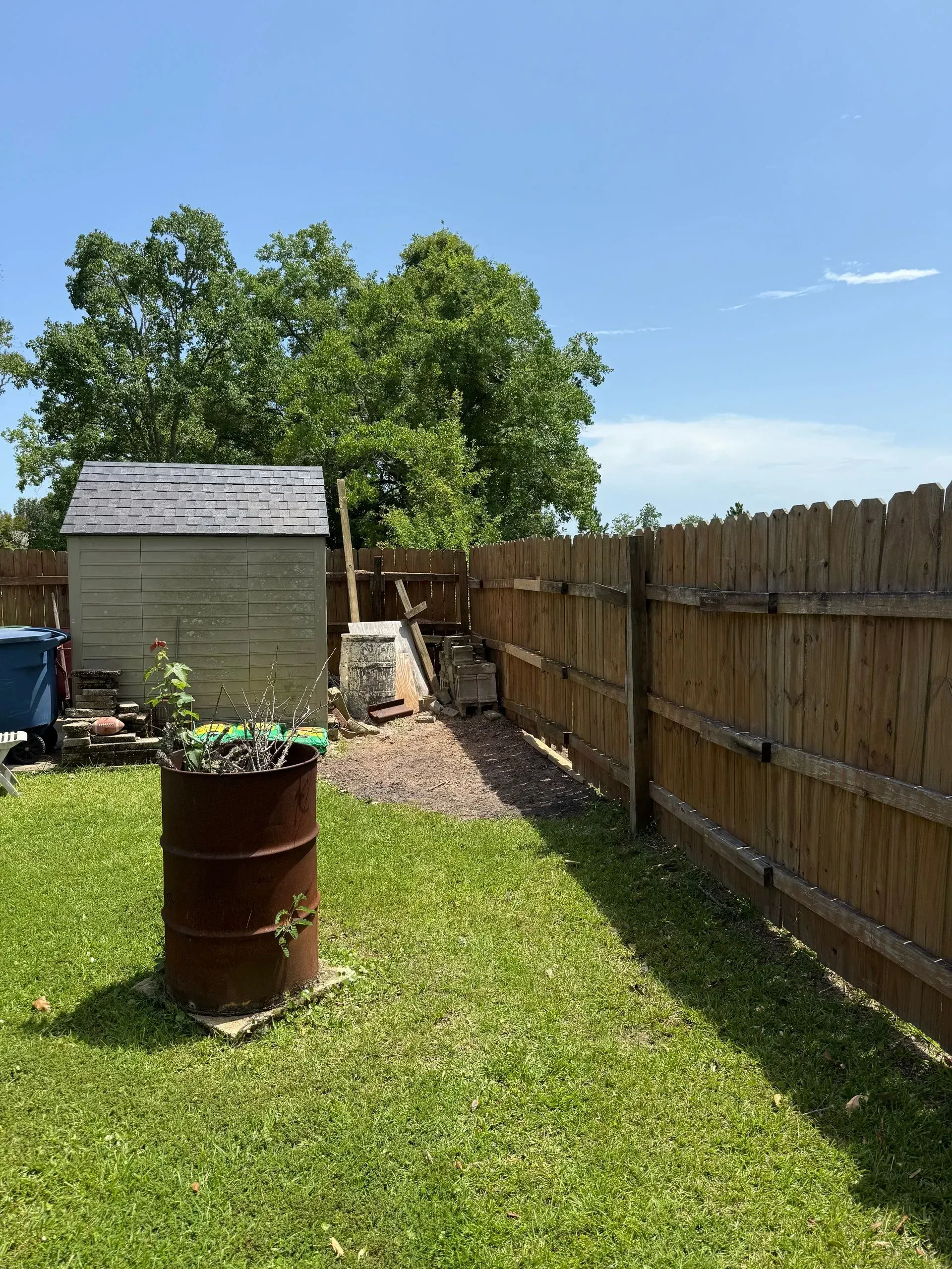 Backyard scene with a wooden fence, shed, and a rusty barrel with plants. Green grass and a blue sky.