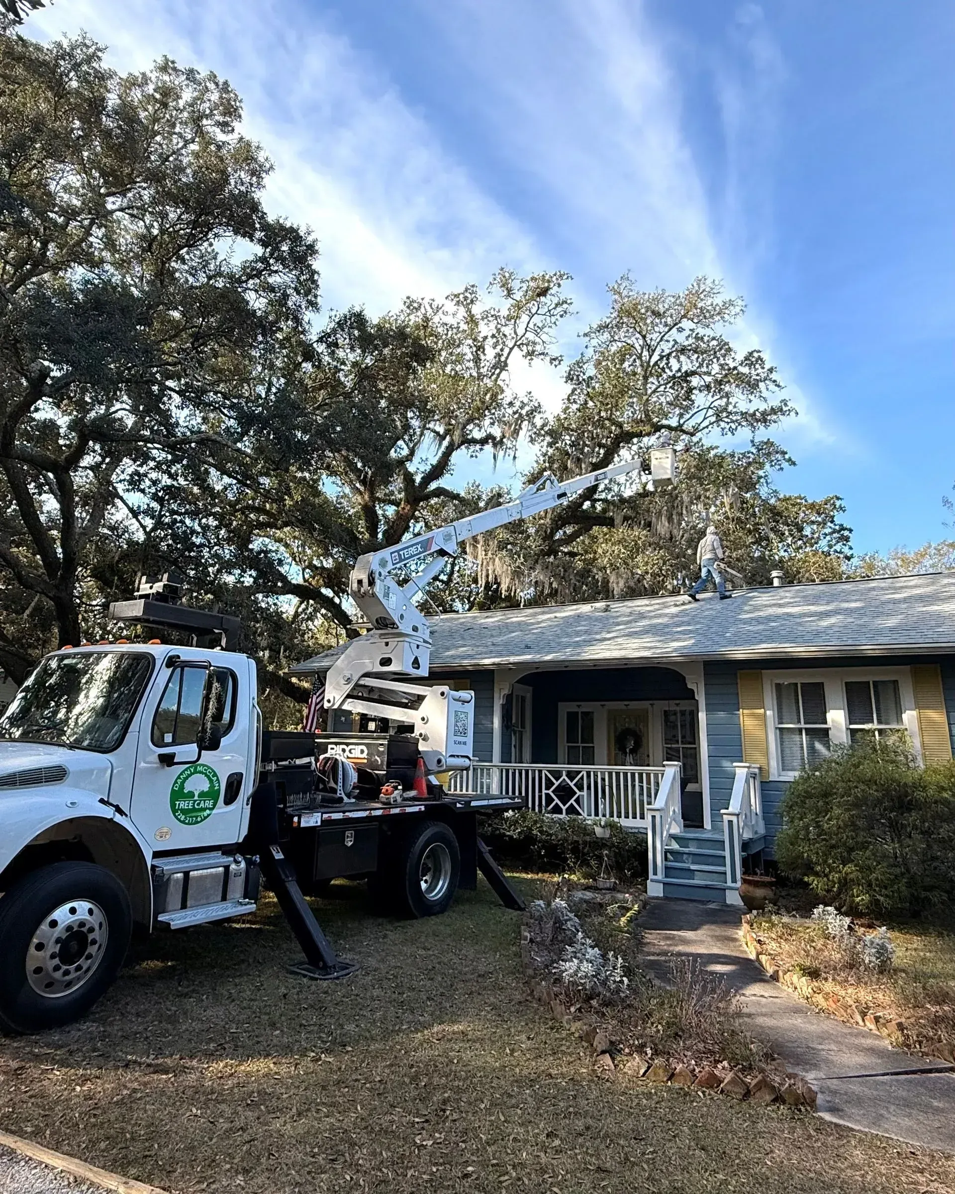 A white truck with a boom is trimming a tree over a light blue house.