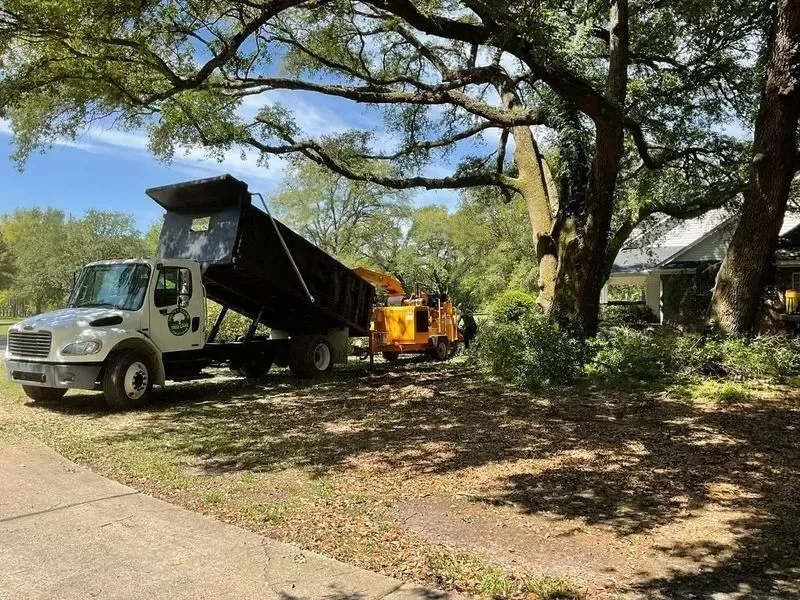 A truck dumping wood chips into a container with a chipper in a residential area.