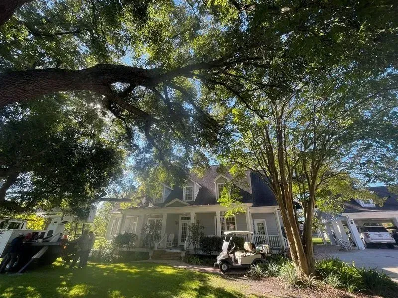 House with porch and carports under a large tree. A golf cart sits on the lawn.