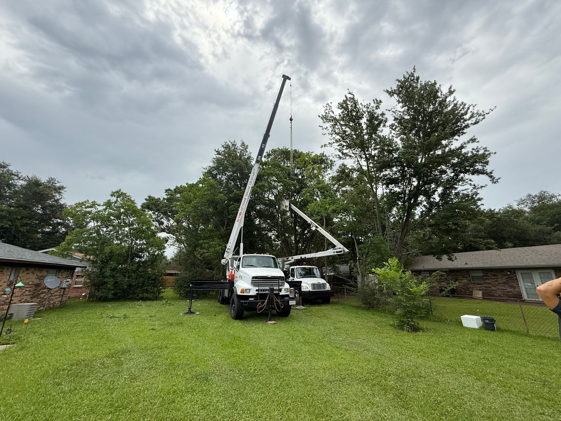 Trucks with extended booms trimming a tree in a residential backyard with cloudy sky.