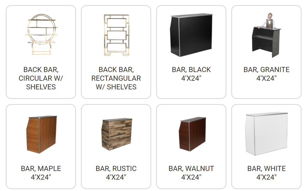 Bar and back bar finish options shown in a grid of product thumbnails and labels