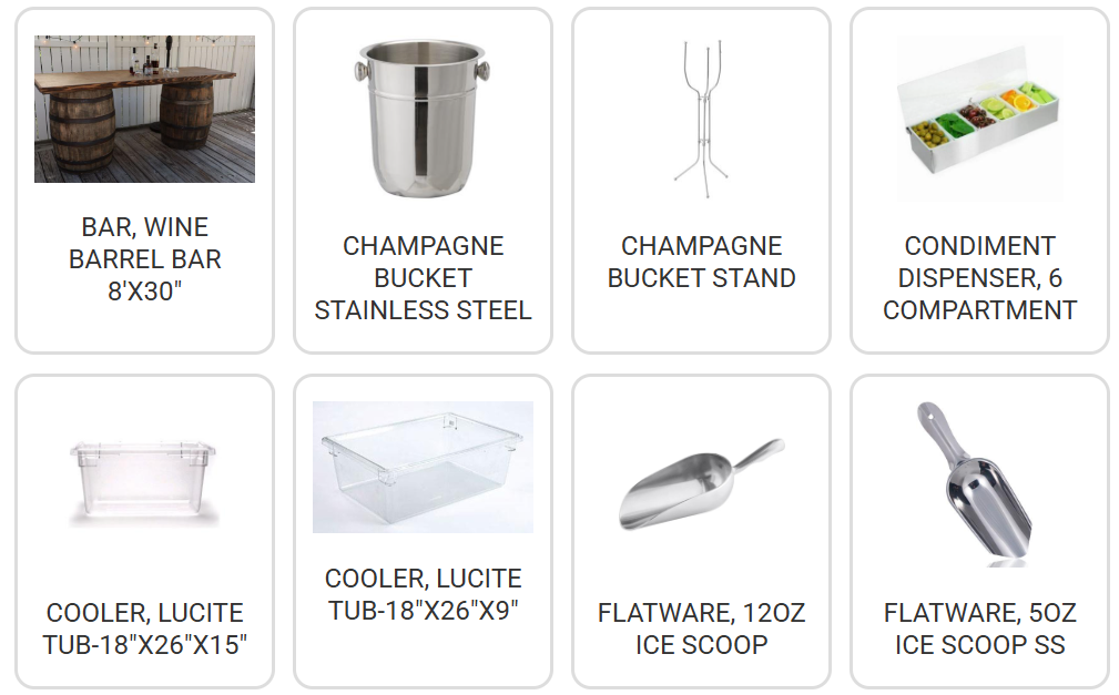 Bar, champagne bucket, dispenser, cooler, and ice scoop product icons with labels
