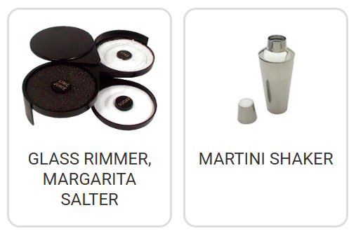 Glass rimmer and margarita salter set beside a stainless-steel martini shaker.