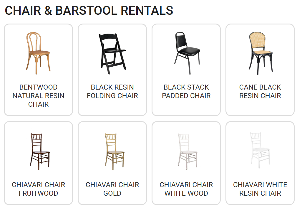 Chair and barstool rental options shown in a grid of various chair styles and colors.