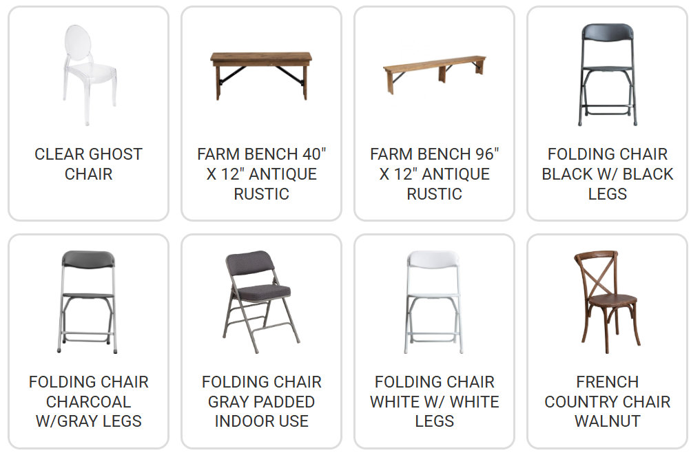 Collage of folding chairs and benches in clear, black, white, gray, and wood finishes with labels