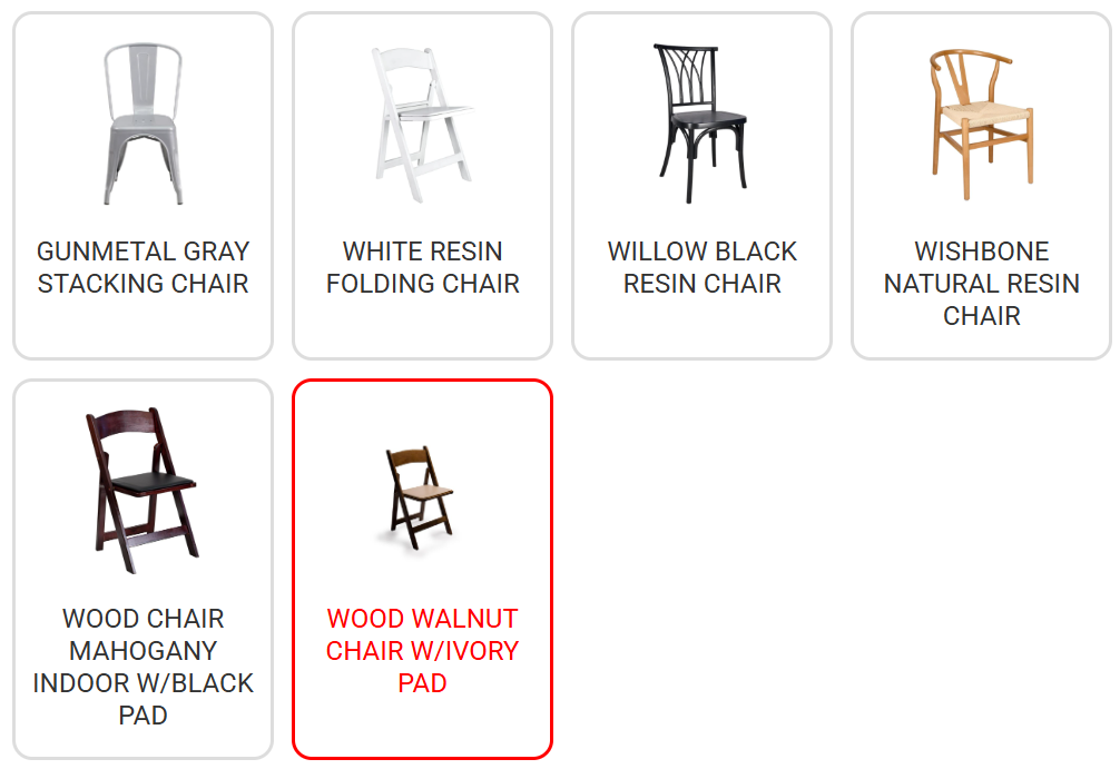 Chairs product grid with one wood walnut chair with ivory pad highlighted in red