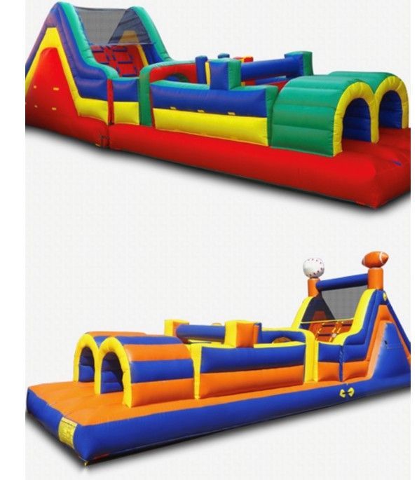 Two inflatable obstacle course bouncy houses, one colorful red/yellow/blue and one orange/blue with sports icons.