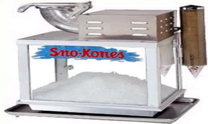Sno-Kones shaved ice machine with metal dispenser and white tray, on a countertop