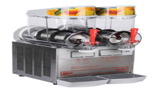 Commercial frozen drink dispenser with three clear bowls and red dispensing handles
