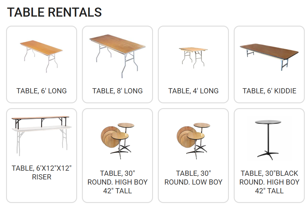 Table rentals chart showing long, round, square, and black cocktail tables with sizes listed