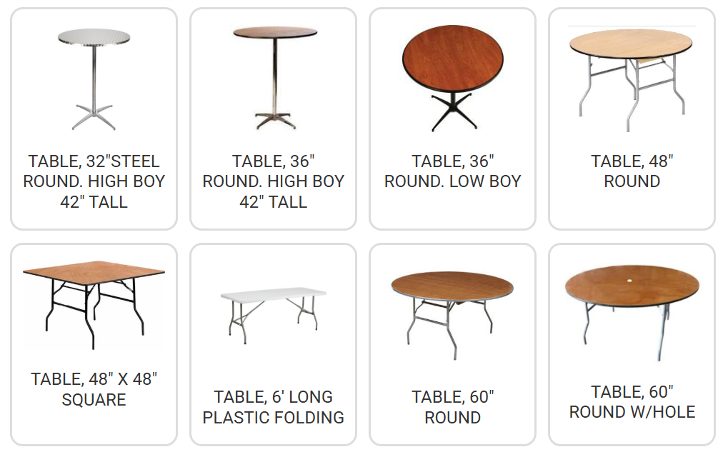 Assorted round and rectangular café tables with metal and wood tops in different sizes and heights